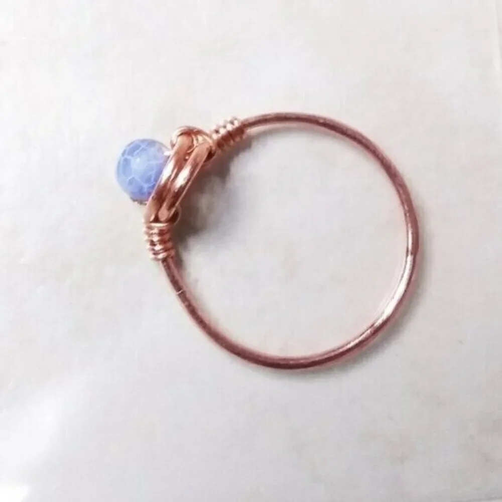 Slim! Dainty! Blue Agate Gemstone Ring + Durable Copper! Sz 5.5 - Custom Size OK